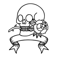 black linework tattoo with banner of a skull and rose
