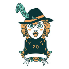 human bard character with natural 20 dice roll illustration