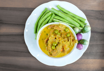 Top view of Thai food, beef curry with coconut milk, yellow chili paste and gentle spicy, home cooking and street food