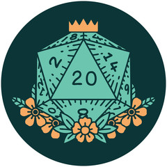 natural 20 D20 dice roll with floral elements icon