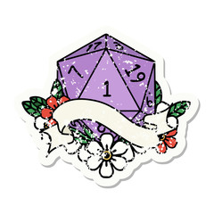 natural one d20 dice roll grunge sticker