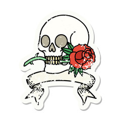 grunge sticker with banner of a skull and rose
