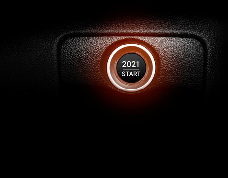 New year 2021 on car engine start button.
