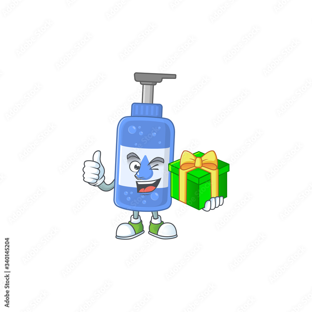 Wall mural smiley handsanitizer cartoon character holding a gift box