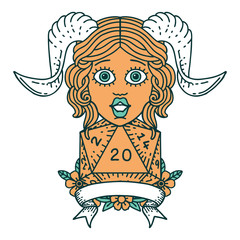 tiefling with natural twenty dice roll illustration