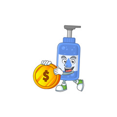 Handsanitizer rich cartoon character have big gold coin