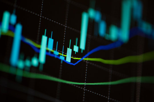 Stock graph charts on the stock market exchange price with investment of business financial digital background Candle stick stock or forex trading indicator on computer monitor for investors