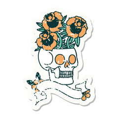 grunge sticker with banner of a skull and roses
