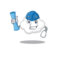 Cartoon character of white cloud brainy Architect with blue prints and blue helmet