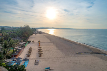 Aerial view of dawn on the Mui Ne beach, Phan Thiet, Binh Thuan, Vietnam.