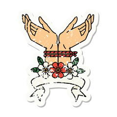 grunge sticker with banner of hands tied