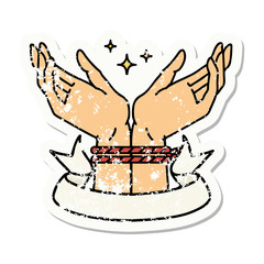 grunge sticker with banner of a pair of tied hands