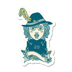 human bard with natural 20 dice roll sticker
