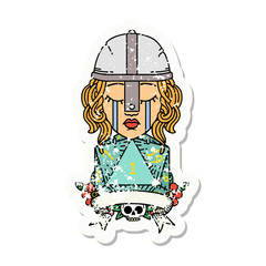 crying human fighter with natural one D20 dice illustration