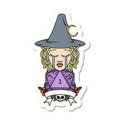 crying elf mage character with natural one dice roll sticker