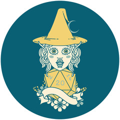 elf mage character with natural twenty dice roll illustration