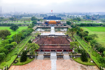 Fototapeta na wymiar Wonderful view of the “ Meridian Gate Hue “ to the Imperial City with the Purple Forbidden City within the Citadel in Hue, Vietnam. Imperial Royal Palace of Nguyen dynasty in Hue. Aerial view.
