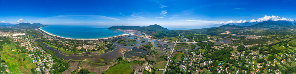 Aerial view of Chan May bay and beach, harbor, Hue, Vietnam. Panorama
