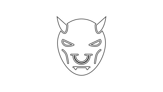 Black line Mask of the devil with horns icon isolated on white background. 4K Video motion graphic animation