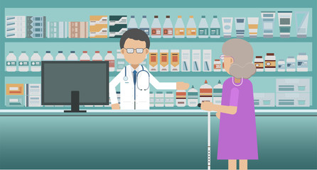 Pharmacy with pharmacist and customer