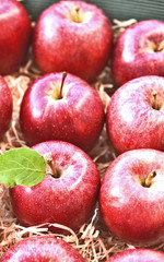 A lot of fresh Red Gala apples with green leaf on Straw or wood wool shavings packaging in the supermarket.