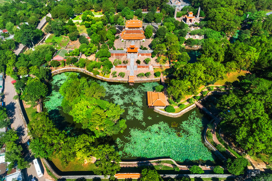 Aerial view of Vietnam ancient Tu Duc royal tomb and Gardens Of Tu Duc Emperor near Hue, Vietnam. A Unesco World Heritage Site