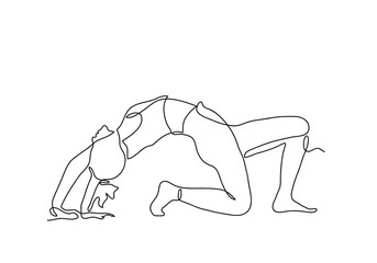 Continuous one or single line drawing. Woman doing exercise in yoga isolated on white background.