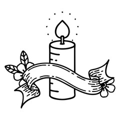 black linework tattoo with banner of a candle