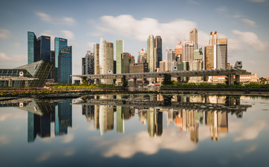 Singapore, Marina bay 2020 early morning at 
ArtScience Museum lotus pond over look to central business district with perfect reflections
