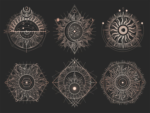 Vector set of Sacred symbols and geometry figures on black background. Gold abstract signs. 