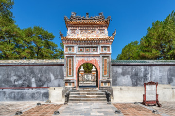 Aerial and general view of Vietnam ancient Tu Duc royal tomb and Gardens Of Tu Duc Emperor near Hue, Vietnam. A Unesco World Heritage Site