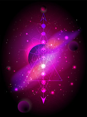 Vector illustration of Sacred geometric symbol against the space background with planets and stars.