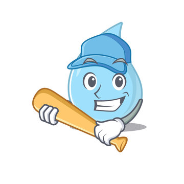 Picture of raindrop cartoon character playing baseball