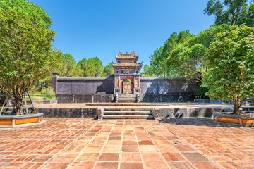 Aerial and general view of Vietnam ancient Tu Duc royal tomb and Gardens Of Tu Duc Emperor near Hue, Vietnam. A Unesco World Heritage Site
