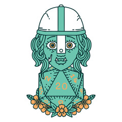 half orc fighter character with natural twenty dice roll illustration