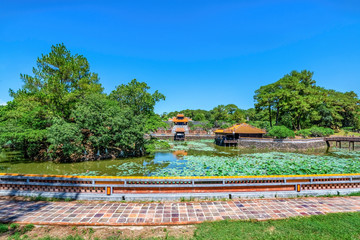 Aerial and general view of Vietnam ancient Tu Duc royal tomb and Gardens Of Tu Duc Emperor near Hue, Vietnam. A Unesco World Heritage Site