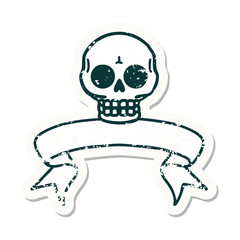 grunge sticker with banner of a skull