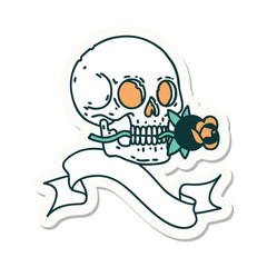 tattoo sticker with banner of a skull and rose