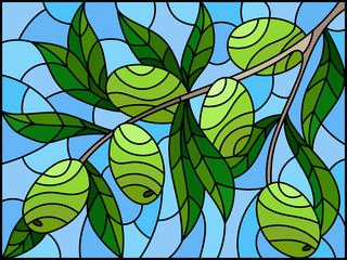 Illustration in the style of a stained glass window with the branches of olive  tree , the  branches, leaves and berries against the sky