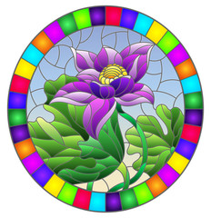 Illustration in stained glass style with flowers, buds and leaves of a purple Lotus  on a blue sky background