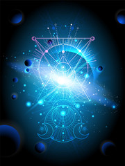 Vector illustration of Sacred geometric symbol against the space background with galaxy and stars. Image in blue color.