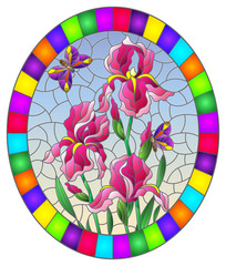 Illustration in stained glass style with a bouquet of pink irises and a purple butterflies on a blue background