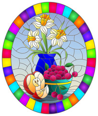 Illustration in stained glass style with still life , a bouquet of daffodils in a vase and fruit in a bowl on a table on a blue background, oval image