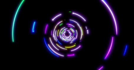 Glowing neon lines tunnel. Blue red pink and violet colorful lighting. Seamless 3D rendering for night club. 3D illustration