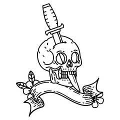 black linework tattoo with banner of a skull and dagger