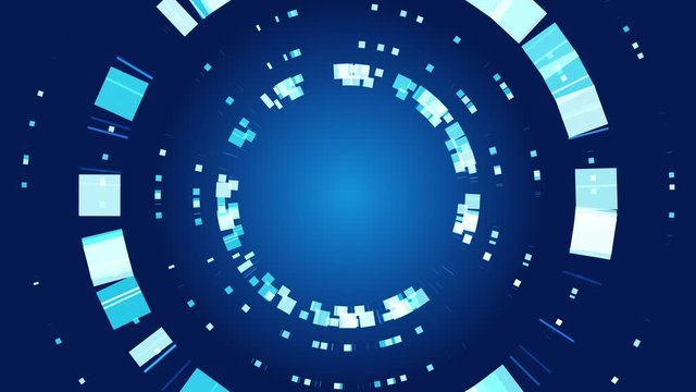Abstract round frame. 2D animation. Blue background and squares. Technological video footage. Motion design. 4K.