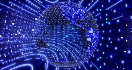 Neon Digital binary background with rotating Planet earth. animation for network, digital event. 3D illustration