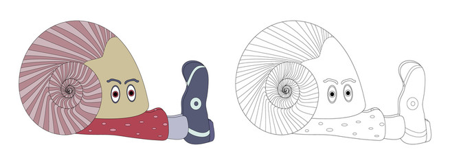 Man snail stayed home during coronavirus outbreak. COVID-19 prevention. Self isolation. Coloring page. House snail shell. Vector illustration isolated on white background. Design for T-shirt, banner.