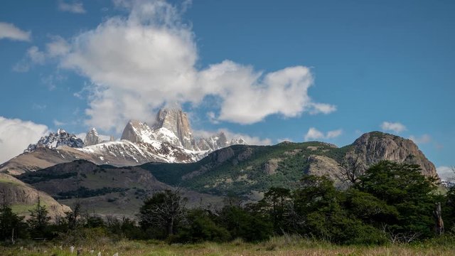 Timelapse of Amazing Landscape Around Fritz Roy Mountain Peak on Sunny Day