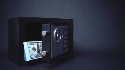 Cash Money Safe Deposit. Symbol of money safety. Small Residential Vault with Pile of Cash Money. Toned soft focus picture. Copy space